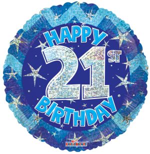 18" Iridescent Blue Happy 21st Birthday Balloon