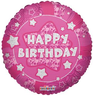 18" Holographic Pink Happy Birthday Stars Balloon