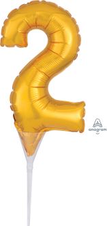 06" Gold Number 2 Cake Pick Micro Balloon