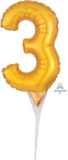 06" Gold Number 3 Cake Pick Micro Balloon