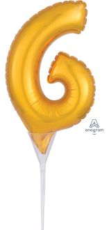 06" Gold Number 6 Cake Pick Micro Balloon