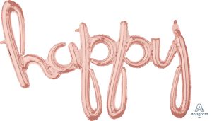 Script Phrase Happy Rose Gold Balloon