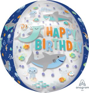 Orbz Clear Happy Birthday Sharks Balloon