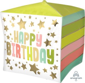 UltraShape Cubez Happy Birthday Gold Stars and Colors Balloon