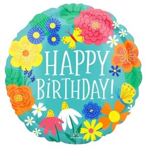 18" Happy Birthday Pretty Flowers In Teal Balloon