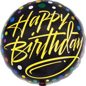 18" Happy Birthday Gold Script on Black Balloon