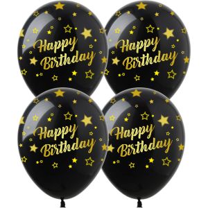 12" Classy Gold Happy Birthday and Stars Black (50pcs) Balloons