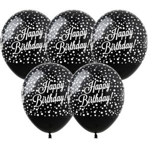12" Classy Silver Happy Birthday and Confetti Black (50pcs) Balloons