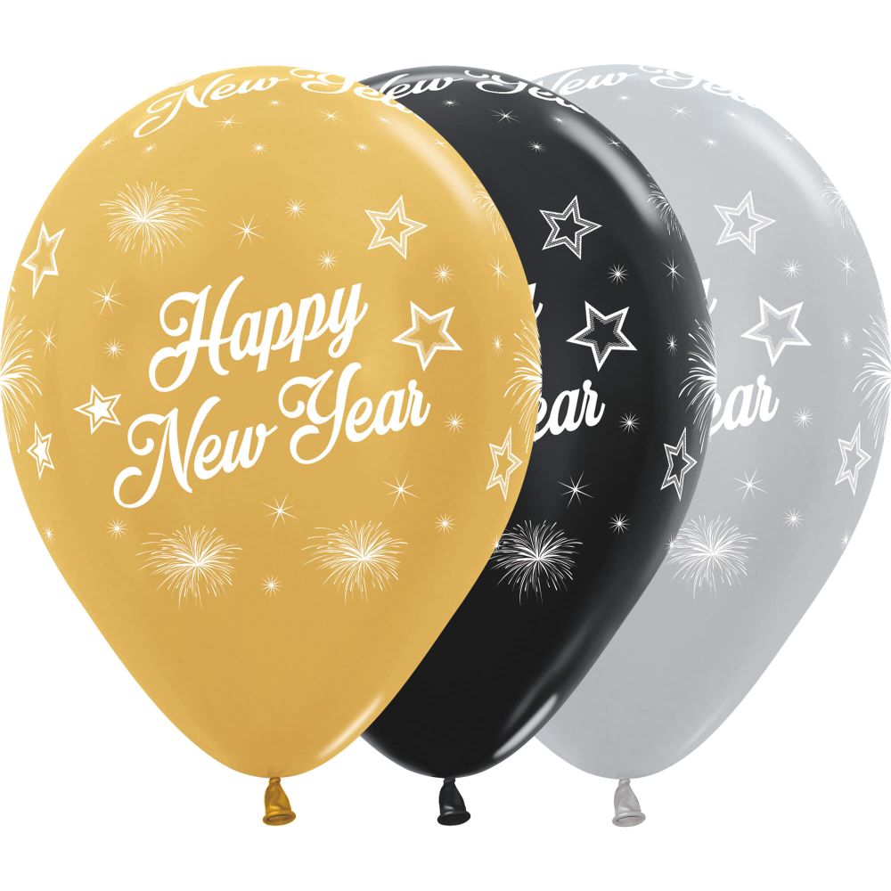 11" Happy New Year Stars Gold, Silver Black Assortment (50pcs) Balloons