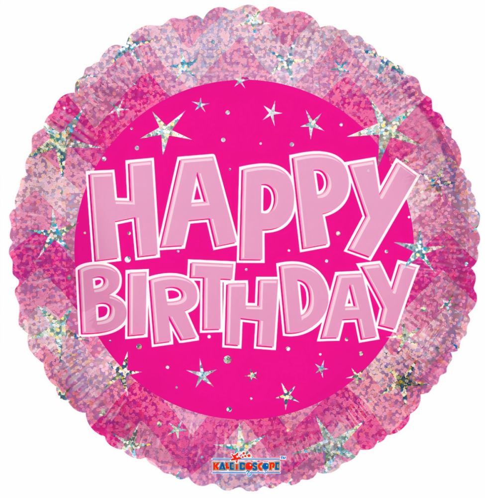 18" Holographic Pink Happy Birthday Balloon