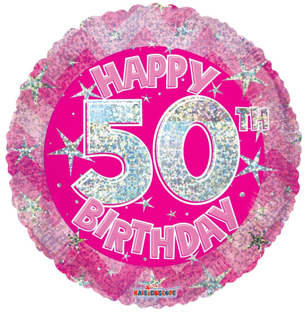 18" Holographic Happy 50th Birthday Pink Balloon