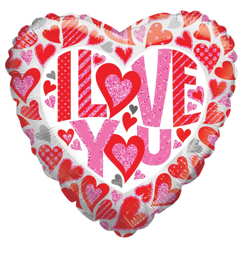 18" I Love You Glitter Hearts Holographic Balloon
