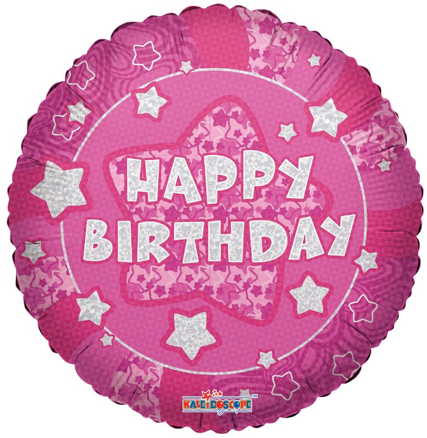 18" Holographic Pink Happy Birthday Stars Balloon