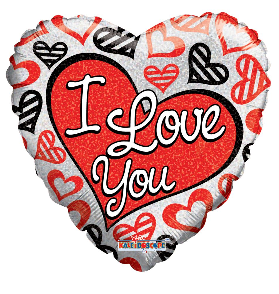 18" I Love You Red & Black Hearts Holographic Balloon