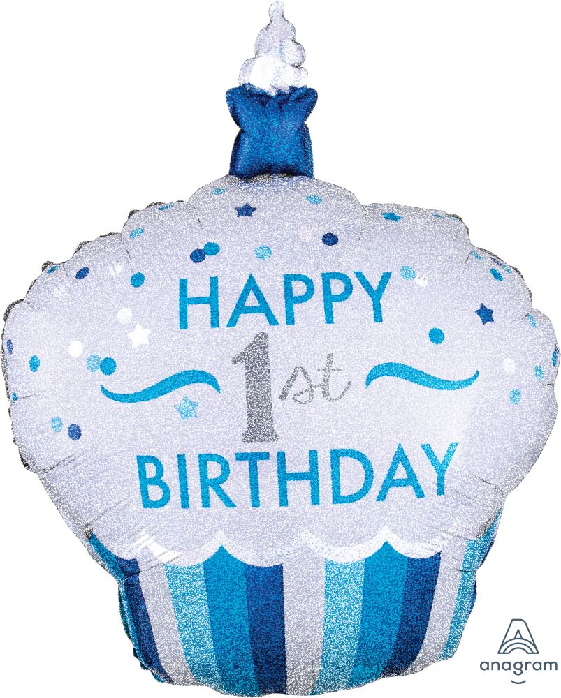SuperShape Holographic 1st Birthday Cupcake Boy Balloon