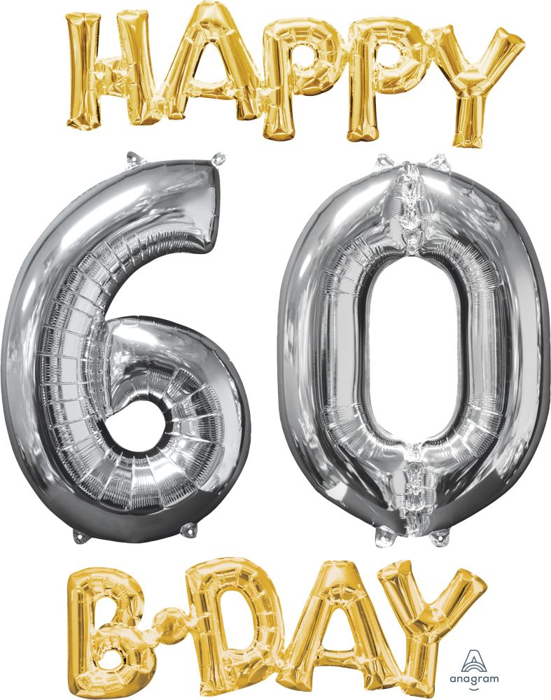 Phrase Kit Happy Bday 60 Gold and Silver Balloon