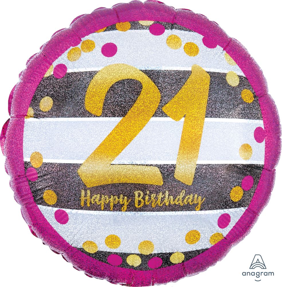 18" Holographic Pink & Gold Milestone 21 Balloon