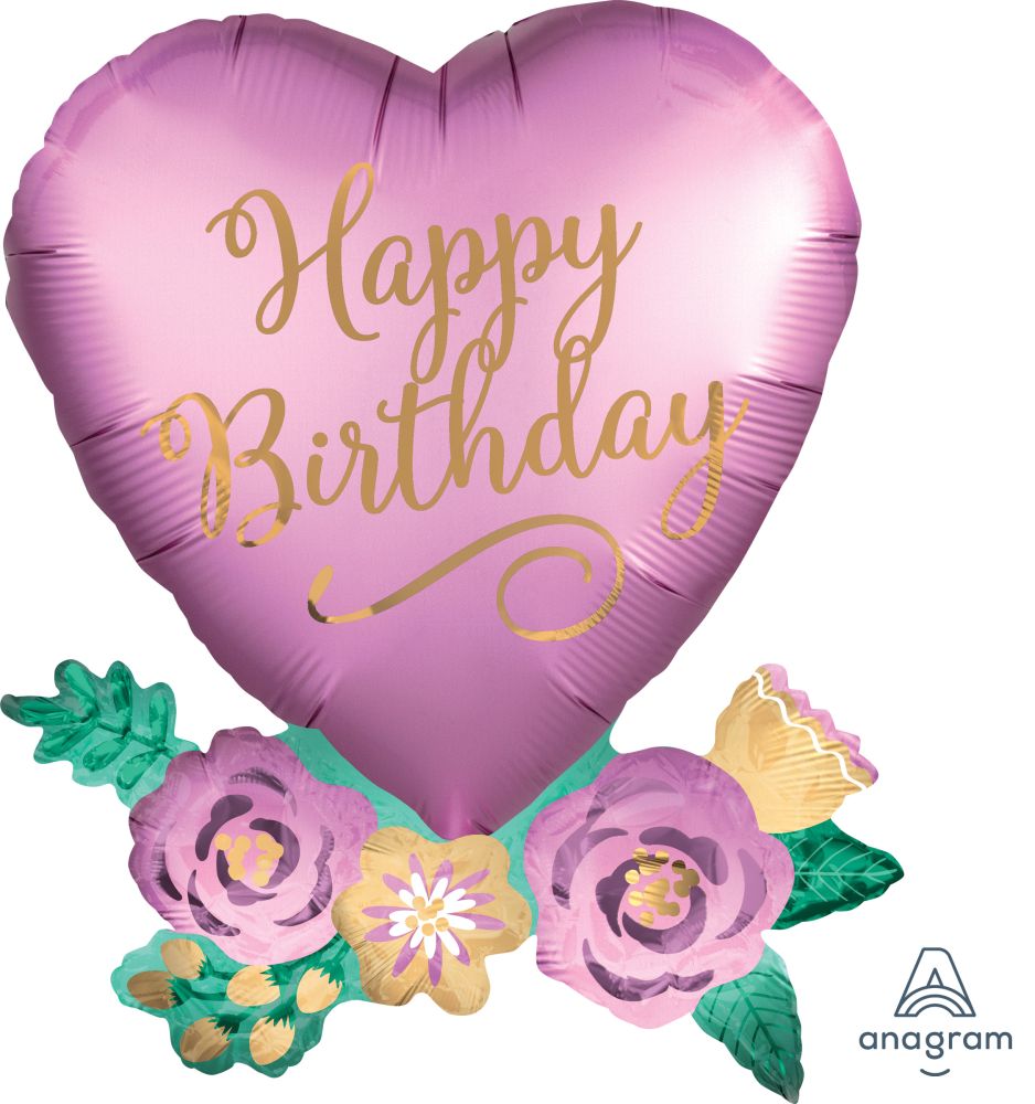 SuperShape Birthday Satin Heart with Flowers Balloon