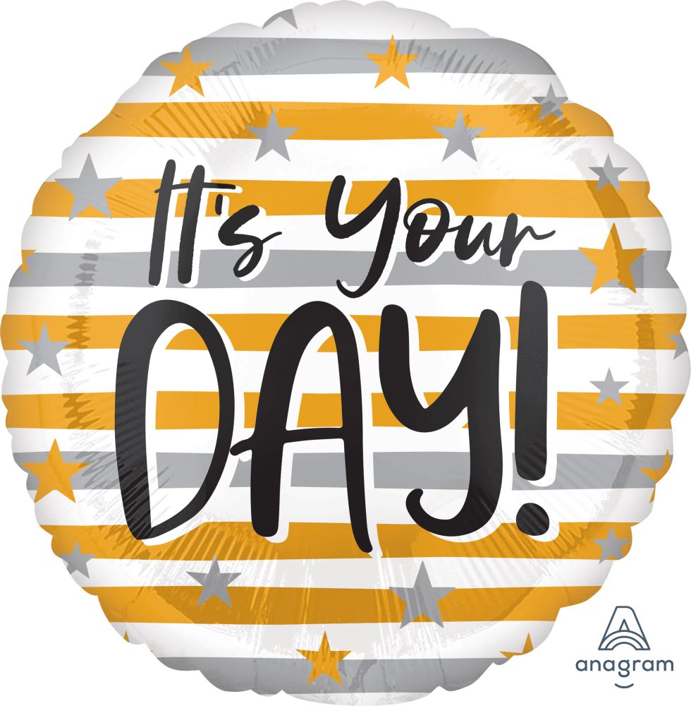 18" Its Your Day Gold and Silver Stripes Balloon