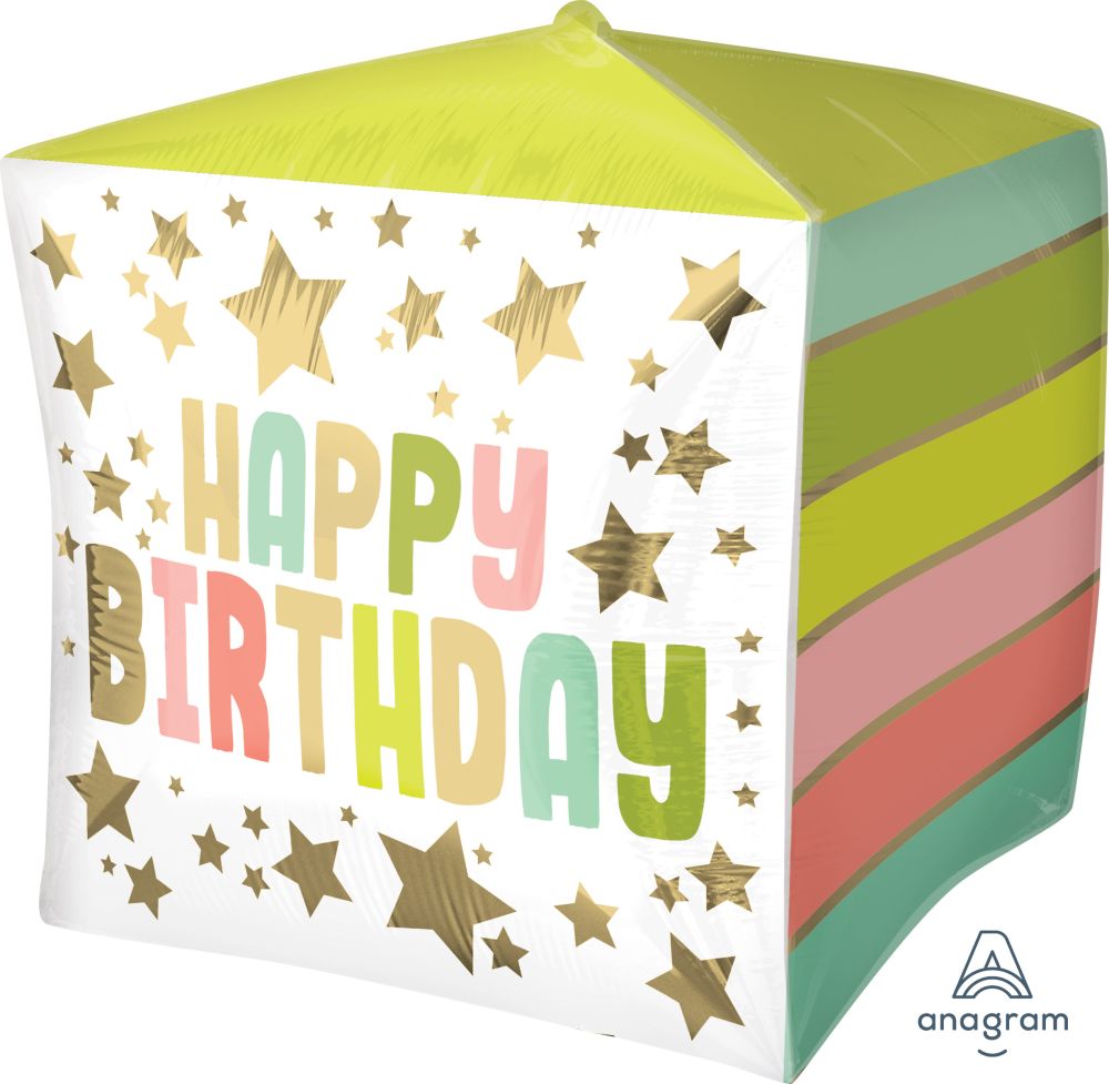 UltraShape Cubez Happy Birthday Gold Stars and Colors Balloon