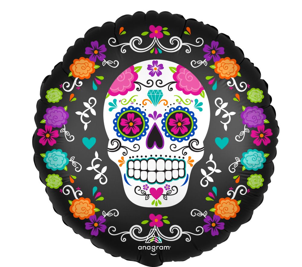 18" Satin Sugar Skull and Marigolds Balloon