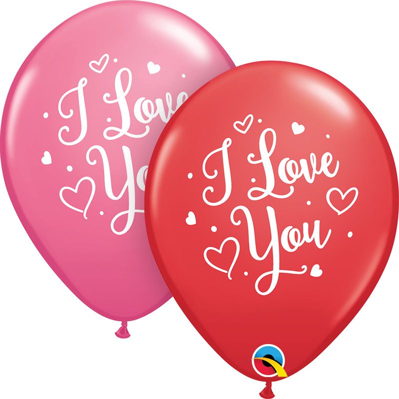 11" I Love You Hearts Script Assortment Red and Rose (50pcs) Balloons