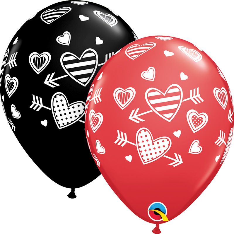 11" Patterned Hearts and Arrows Assortment Red and Onyx Black (50pcs) Balloons