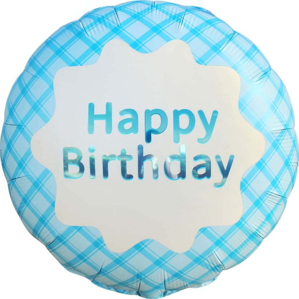 18" Happy Birthday Plaid Blue Balloon