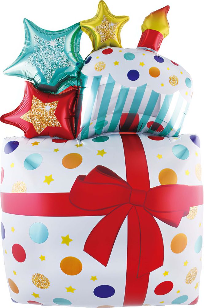 42" Birthday Present Cupcake and Stars White Balloon