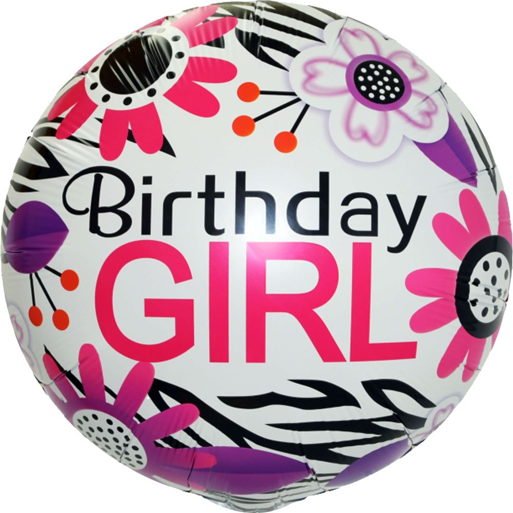 18" Happy Birthday Girl Flowers and Zebra Stripes Balloon