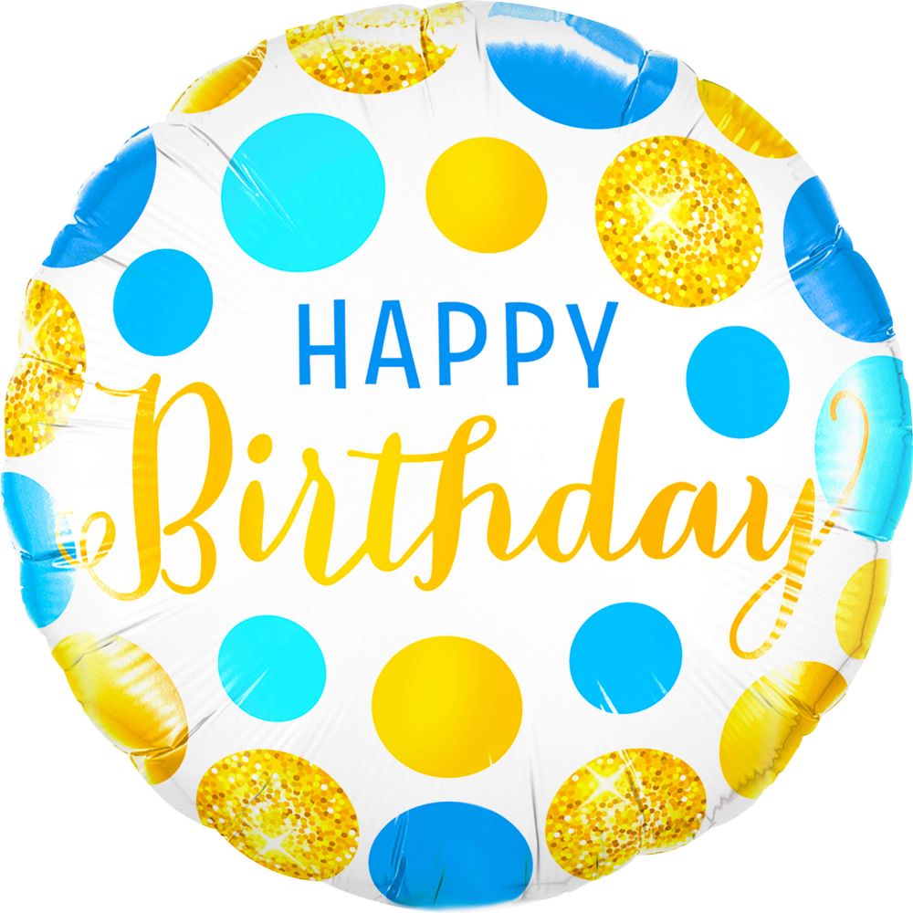 18" Happy Birthday Gold and Blue Polka Dots Balloon