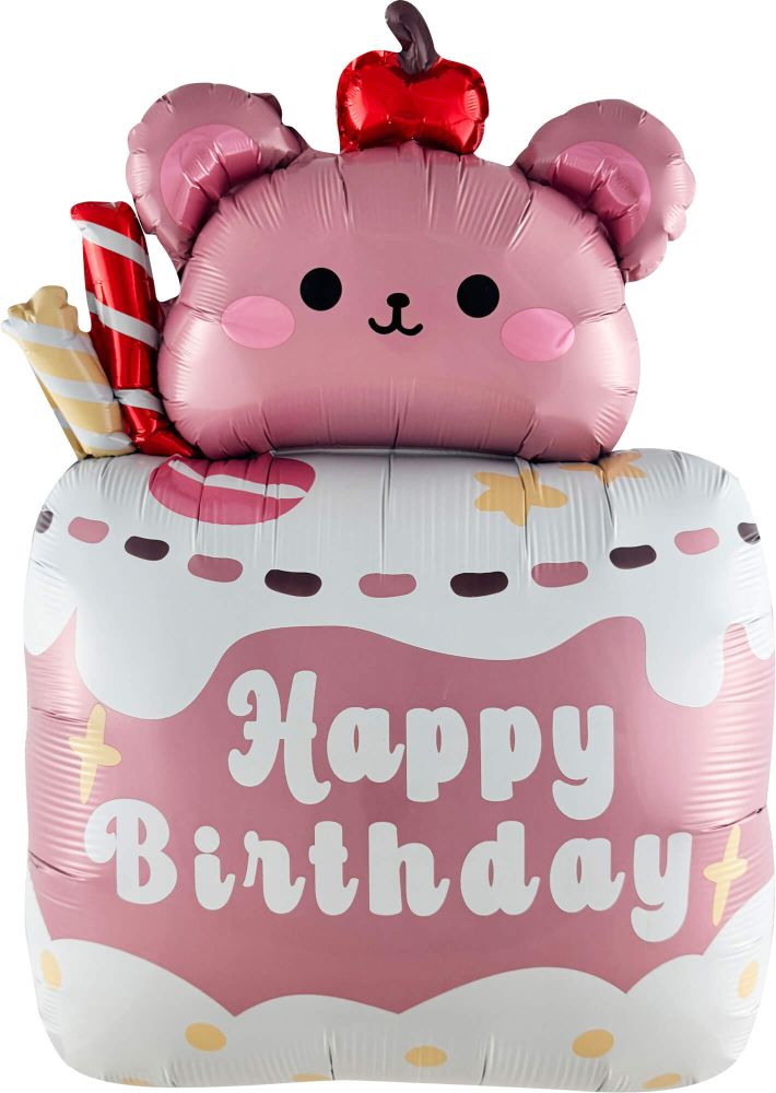 33" Happy Birthday Cake Pink Teddy Bear Balloon