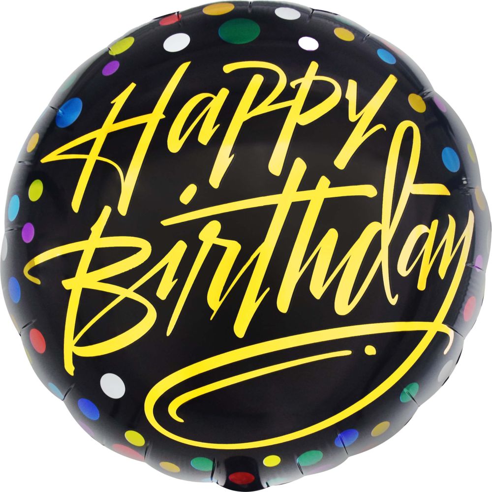 18" Happy Birthday Gold Script on Black Balloon