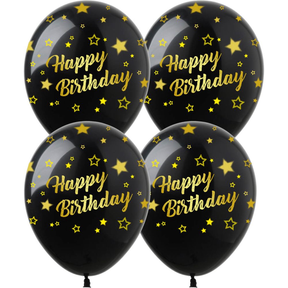 12" Classy Gold Happy Birthday and Stars Black (50pcs) Balloons