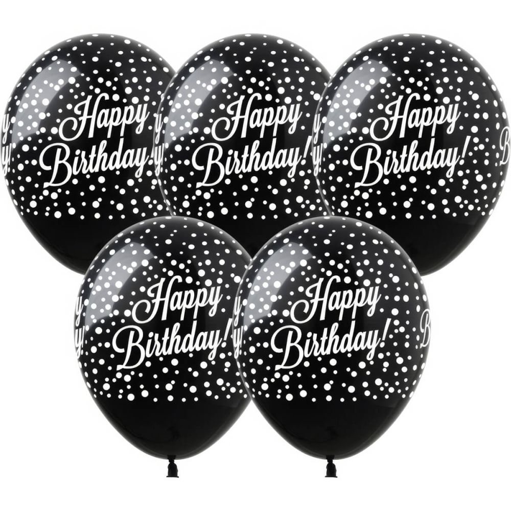 12" Classy Silver Happy Birthday and Confetti Black (50pcs) Balloons
