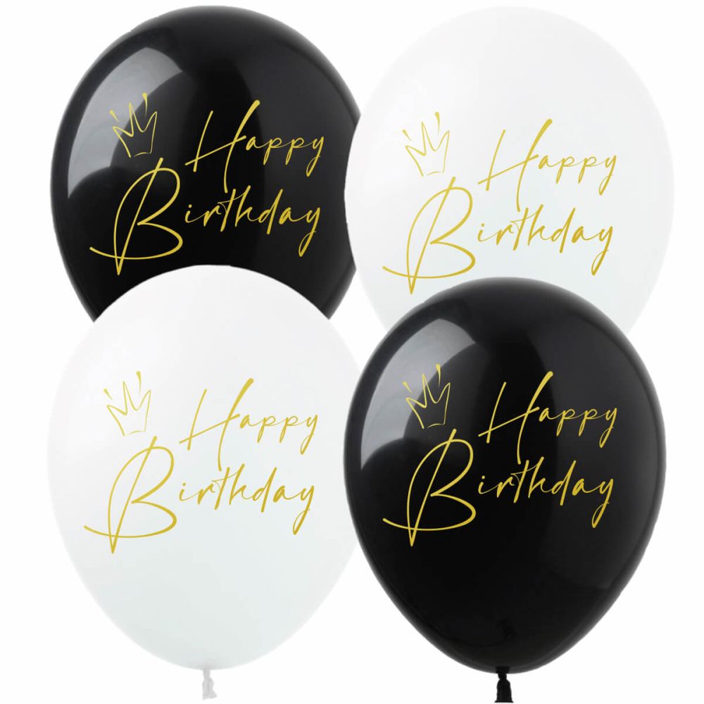 12" Happy Birthday Crown Gold Print Black and White (50pcs) Balloons