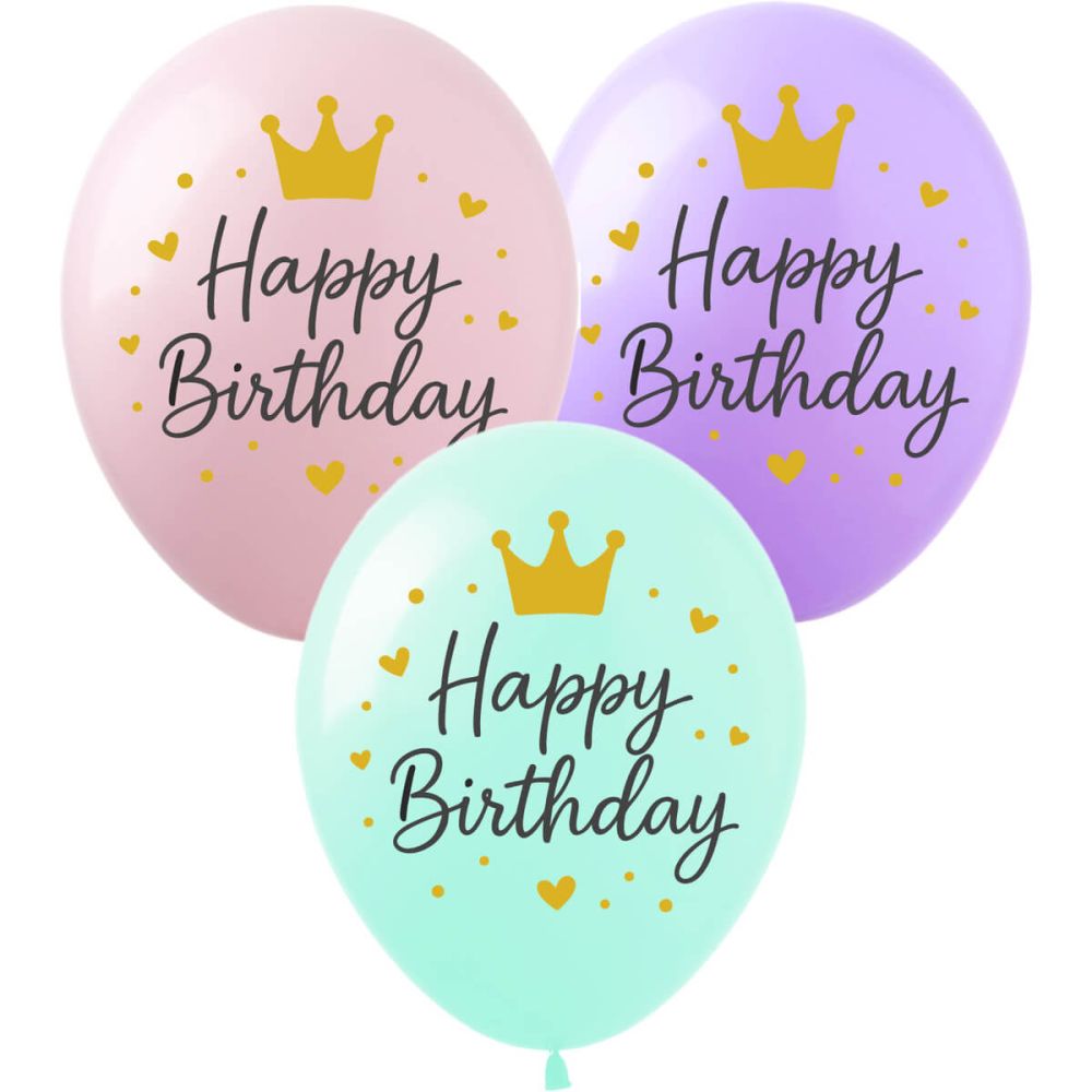 12" Happy Birthday Crown Pastel Assortment (50pcs) Balloons