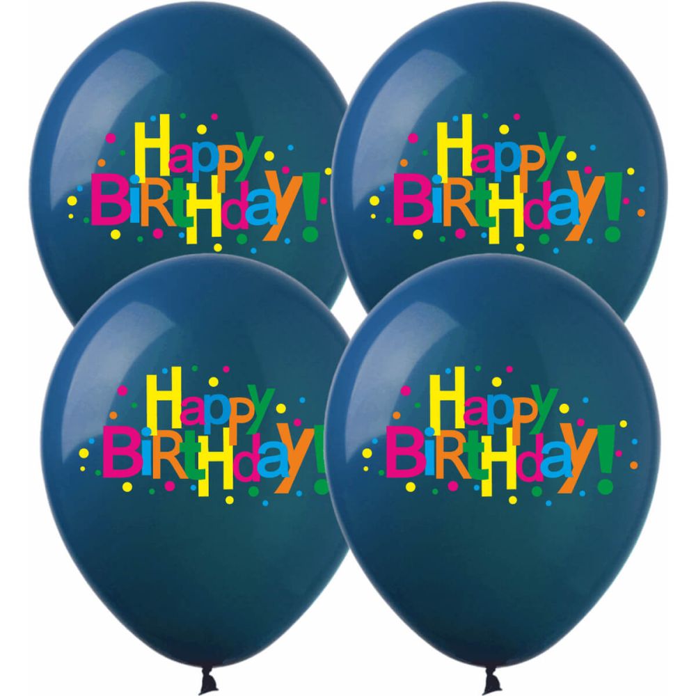 12" Happy Birthday Multicolored Block Print Blue (50pcs) Balloons