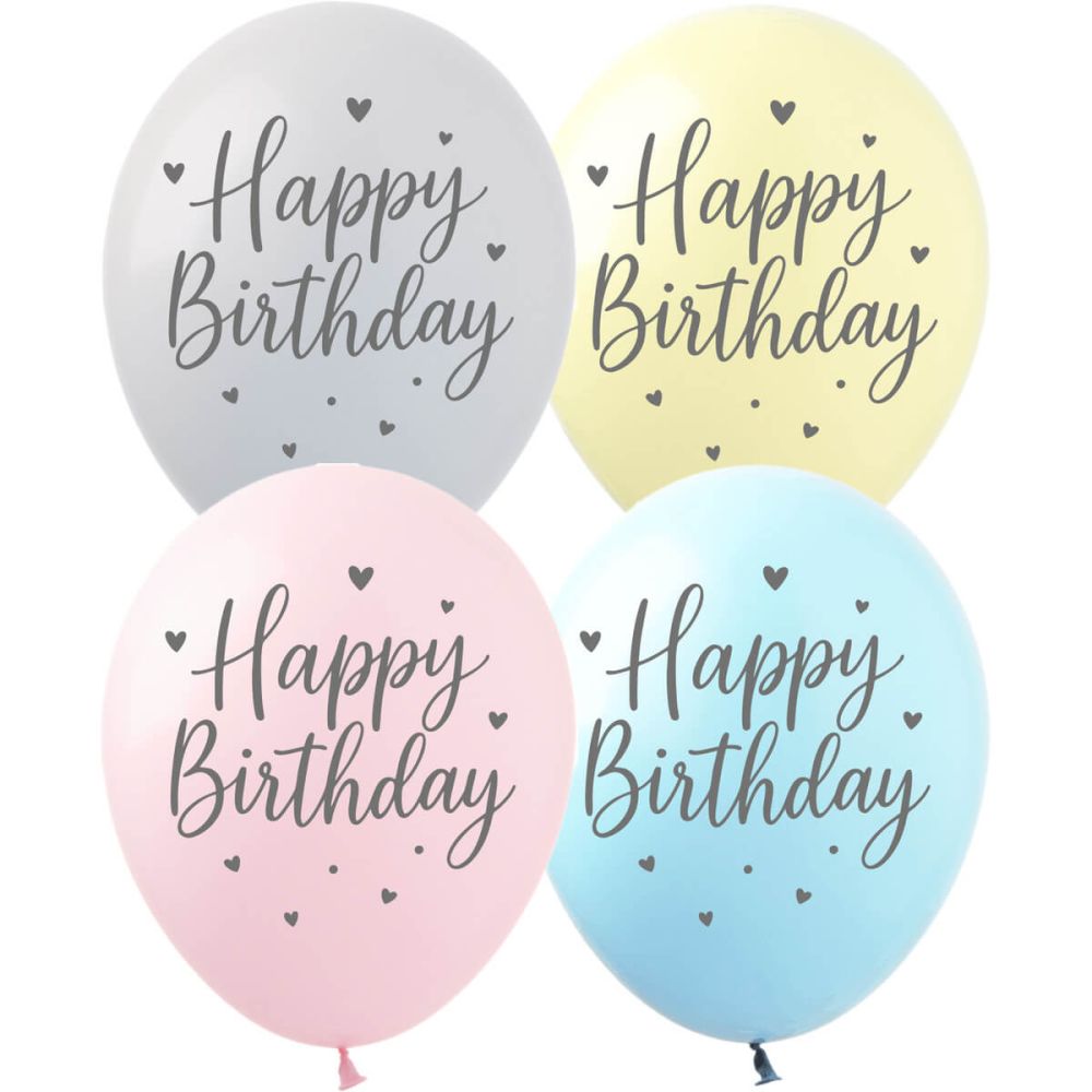 12" Happy Birthday Script Pastel Assortment (50pcs) Balloons