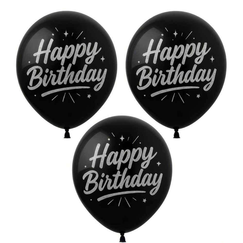 12" Happy Birthday Silver Burst Black (50pcs) Balloons