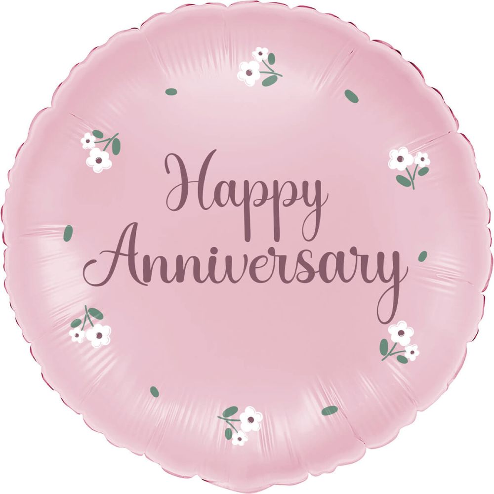 18" Happy Anniversary Pink with White Blossoms Balloon
